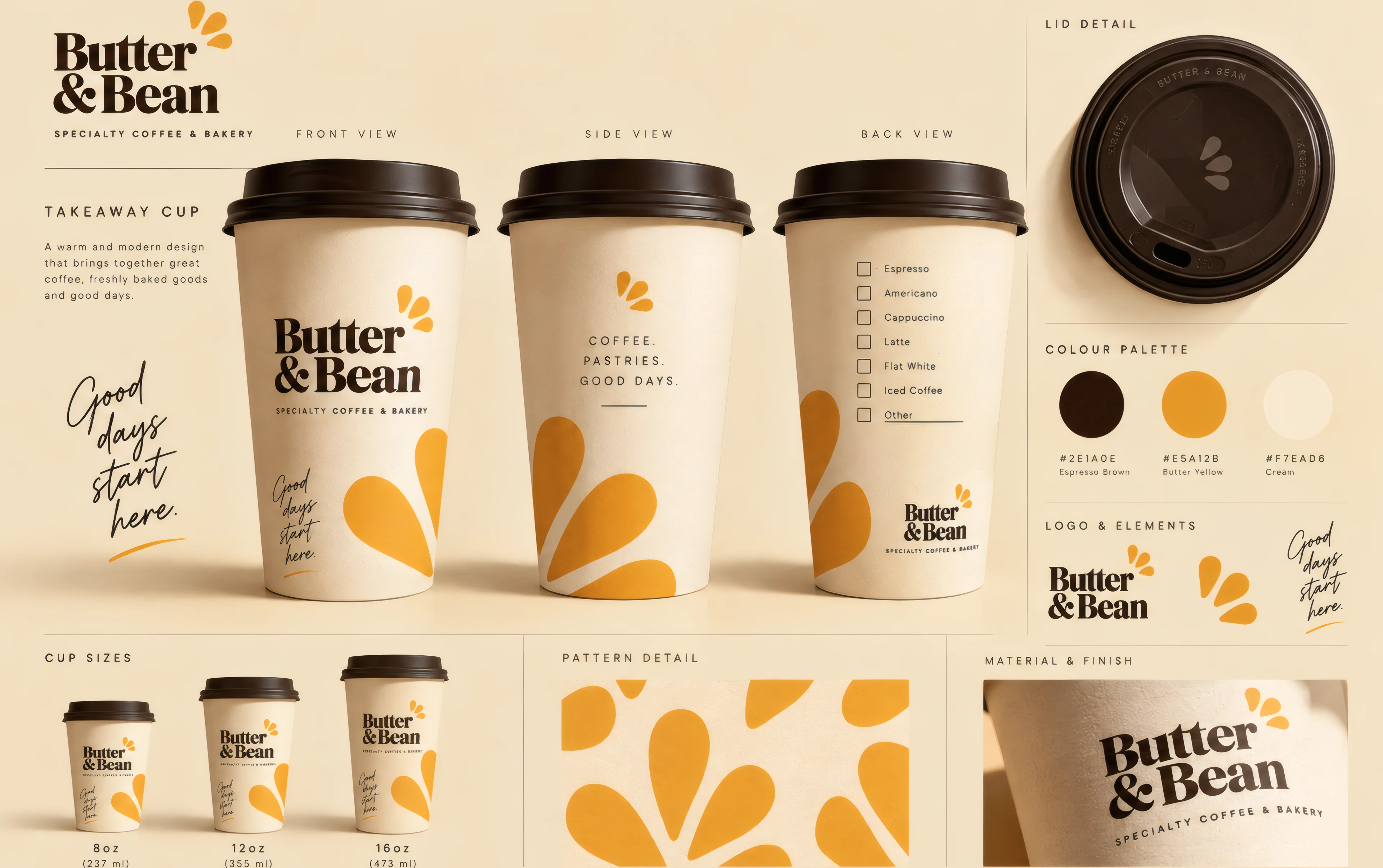 Takeaway cups, lids and pattern in cream and brown