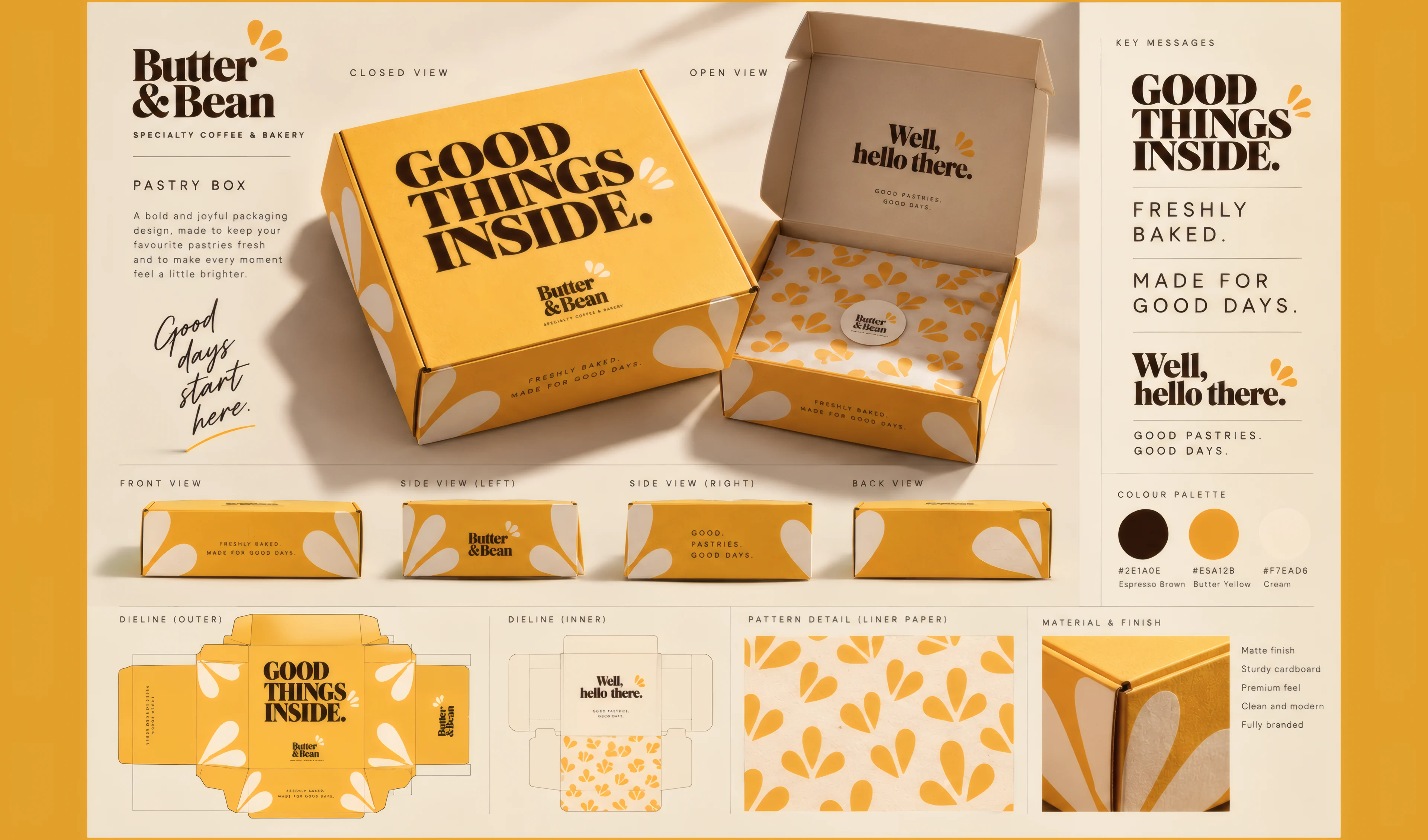 Pastry box and bags with the amber leaf pattern on mustard yellow