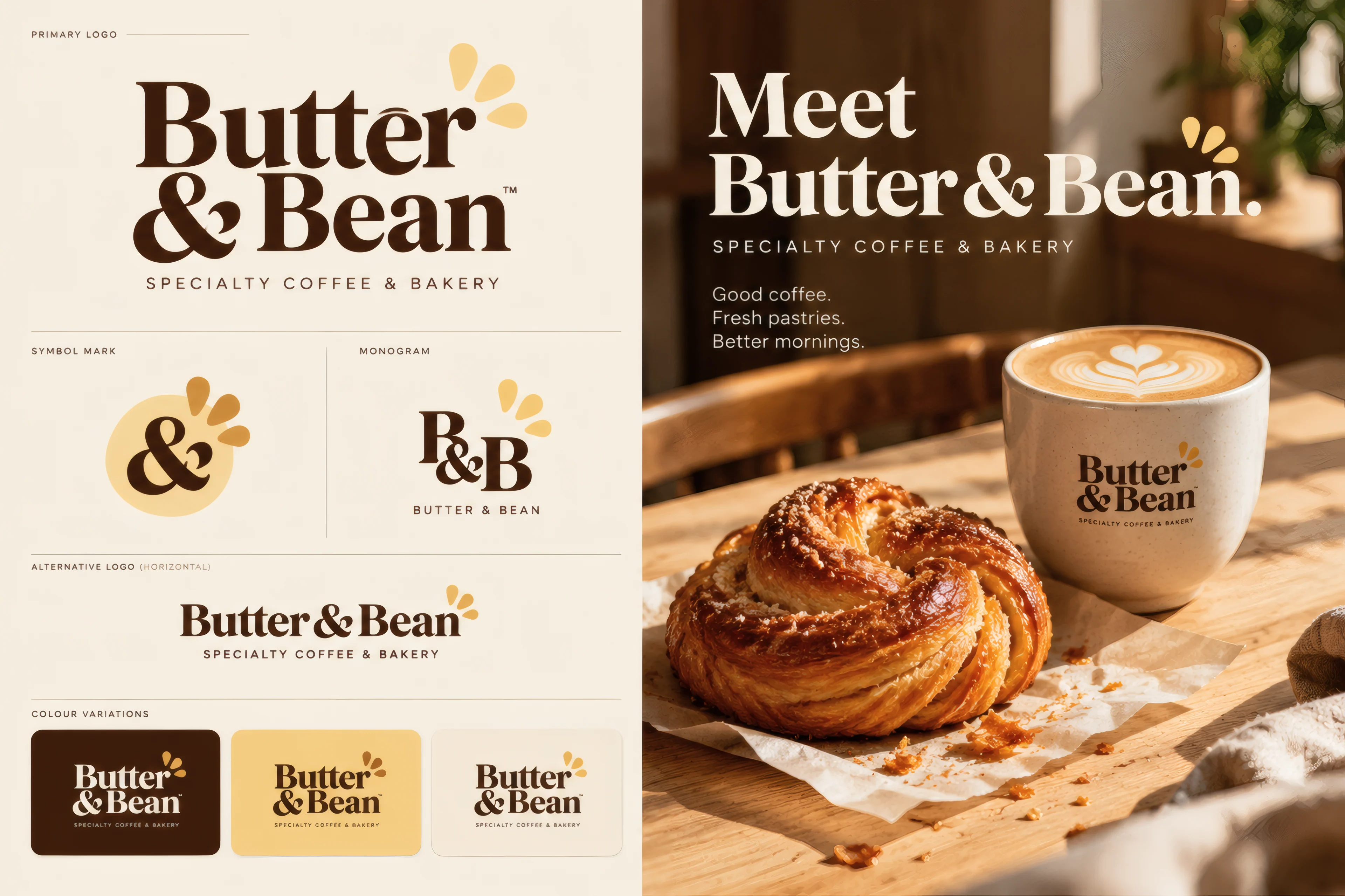 Butter & Bean logo system — primary lockup, ampersand symbol, monogram and colour variations — beside a launch poster