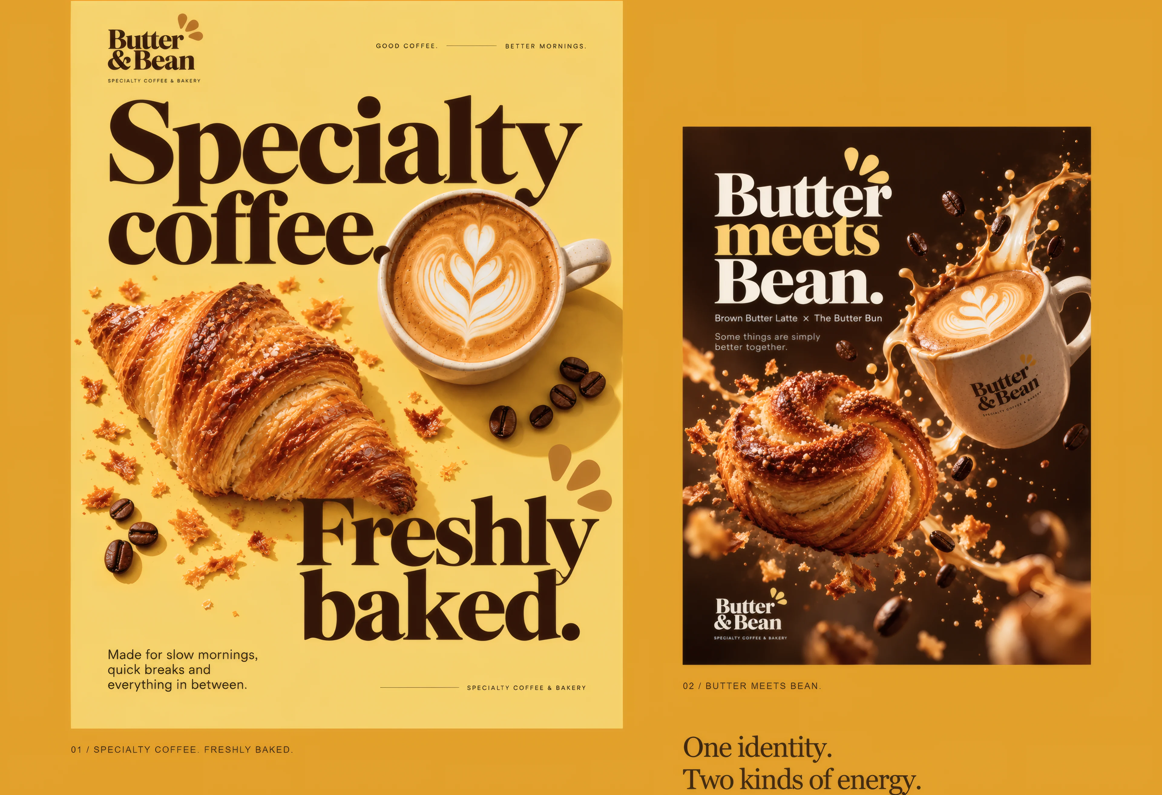 Two posters on mustard yellow: Specialty coffee, Freshly baked, and Butter meets Bean