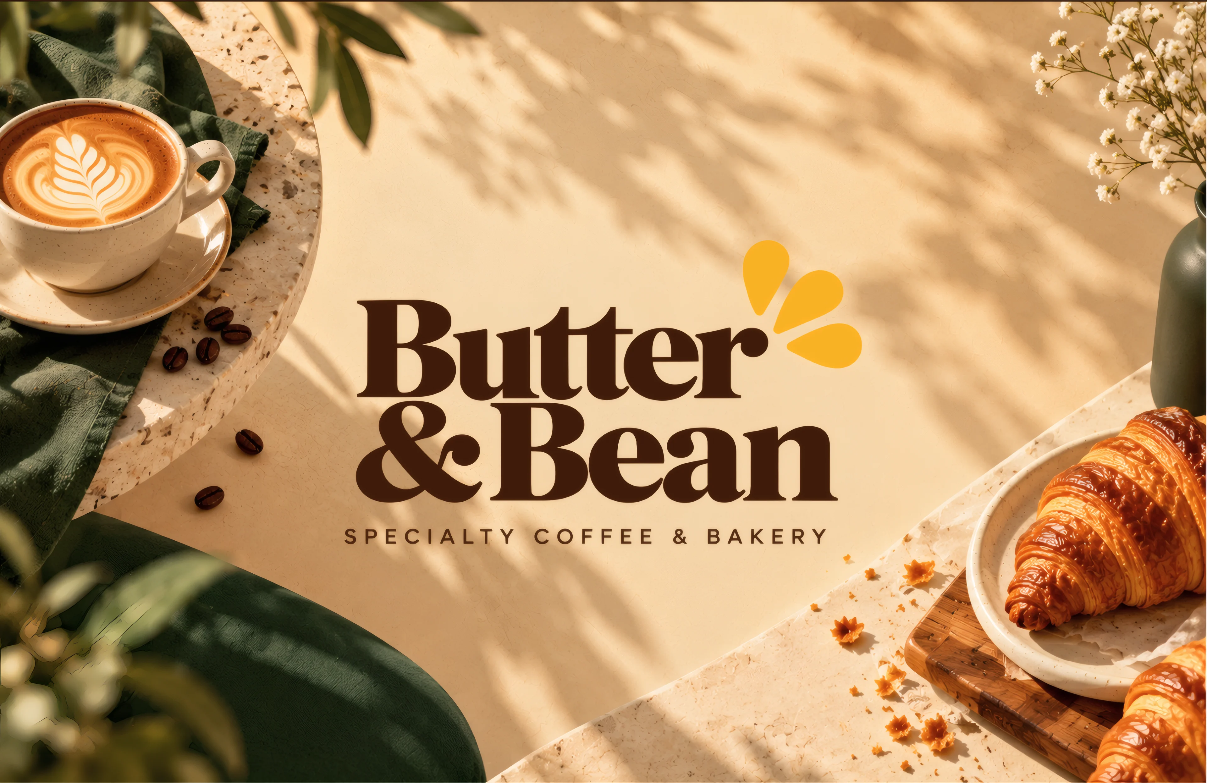 Butter & Bean logotype on a sunlit table with coffee and croissants