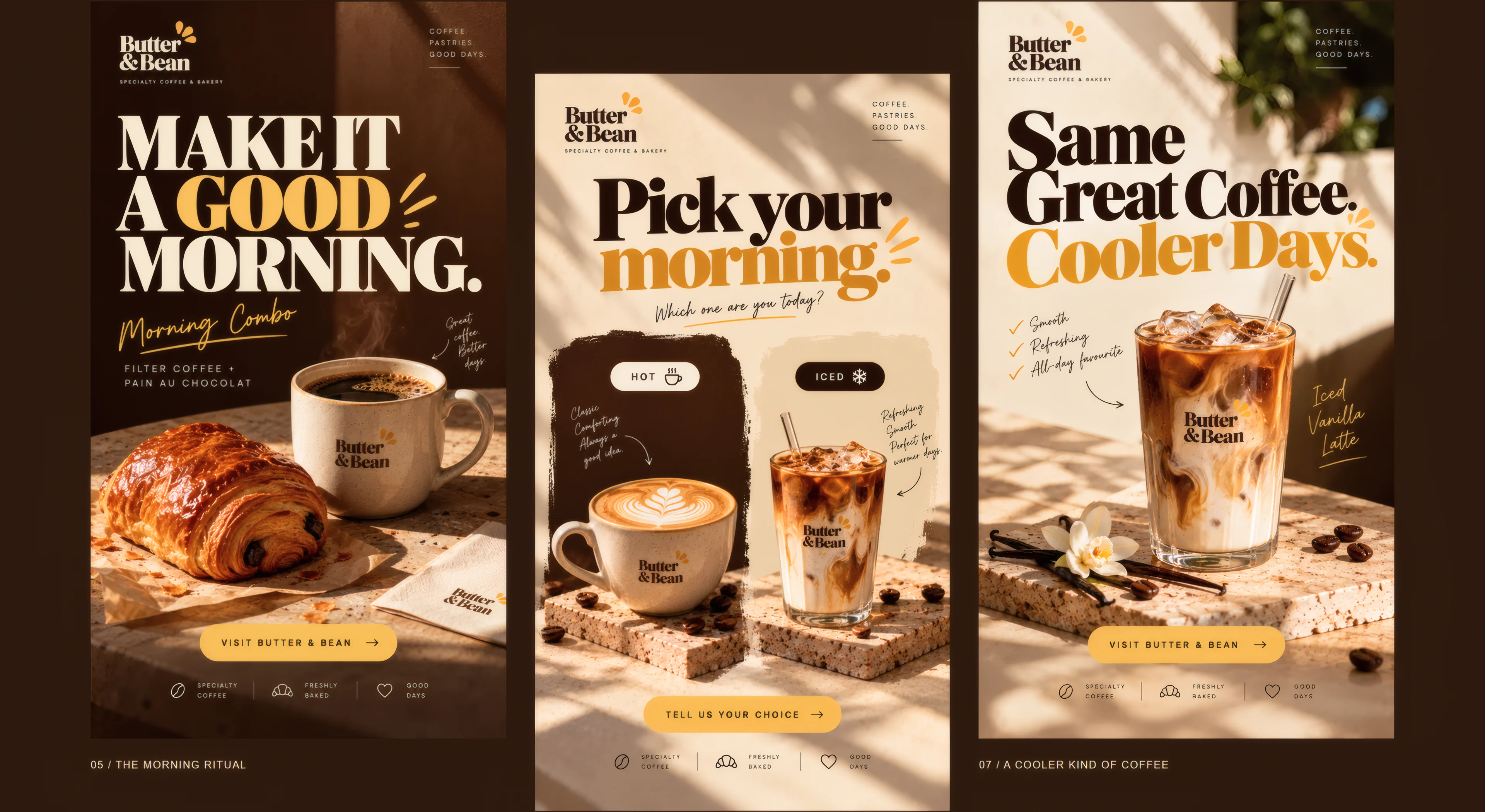 Story formats on dark brown: Make it a good morning, Pick your morning, Same great coffee