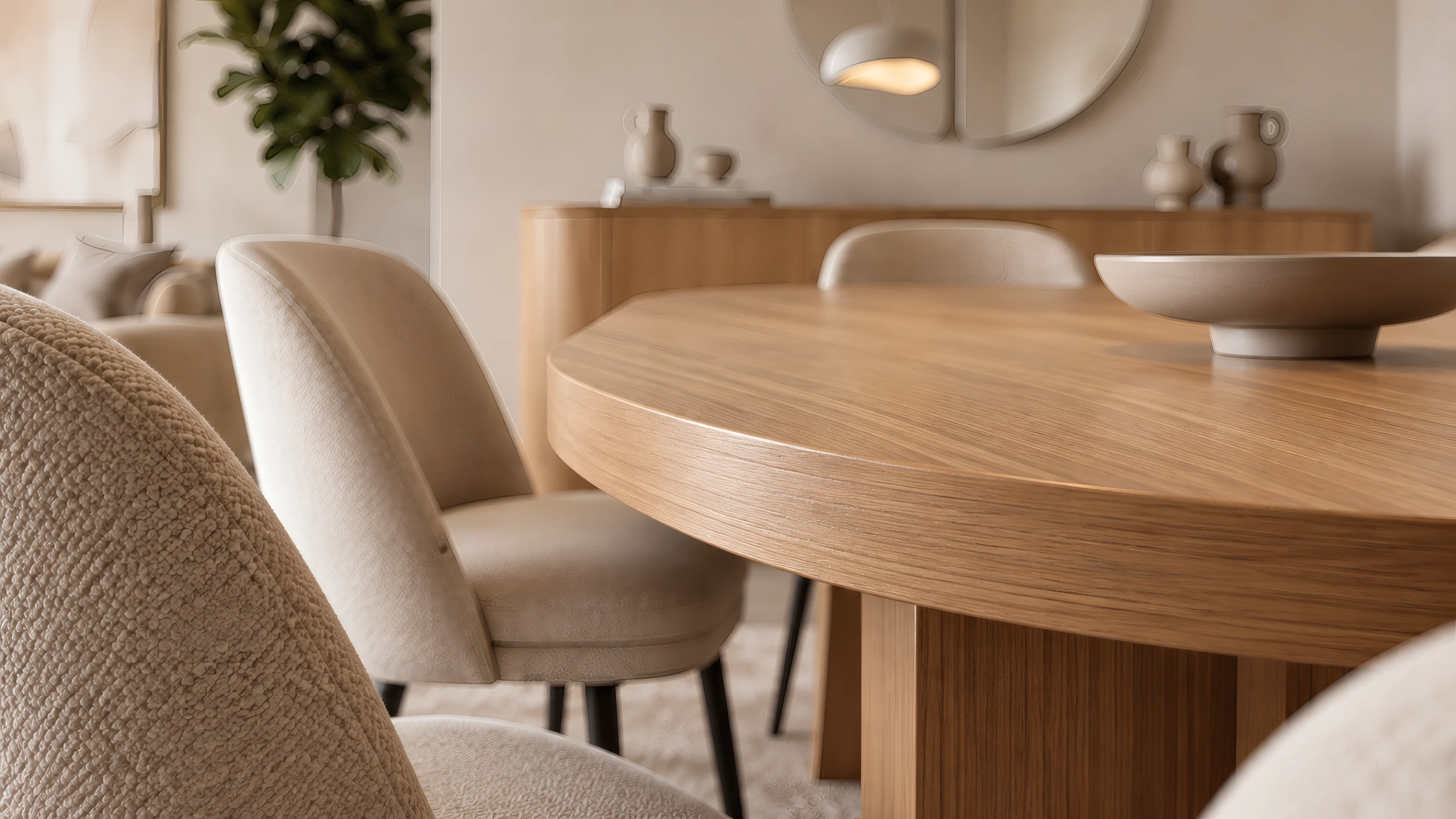 Round oak dining table with bouclé chairs