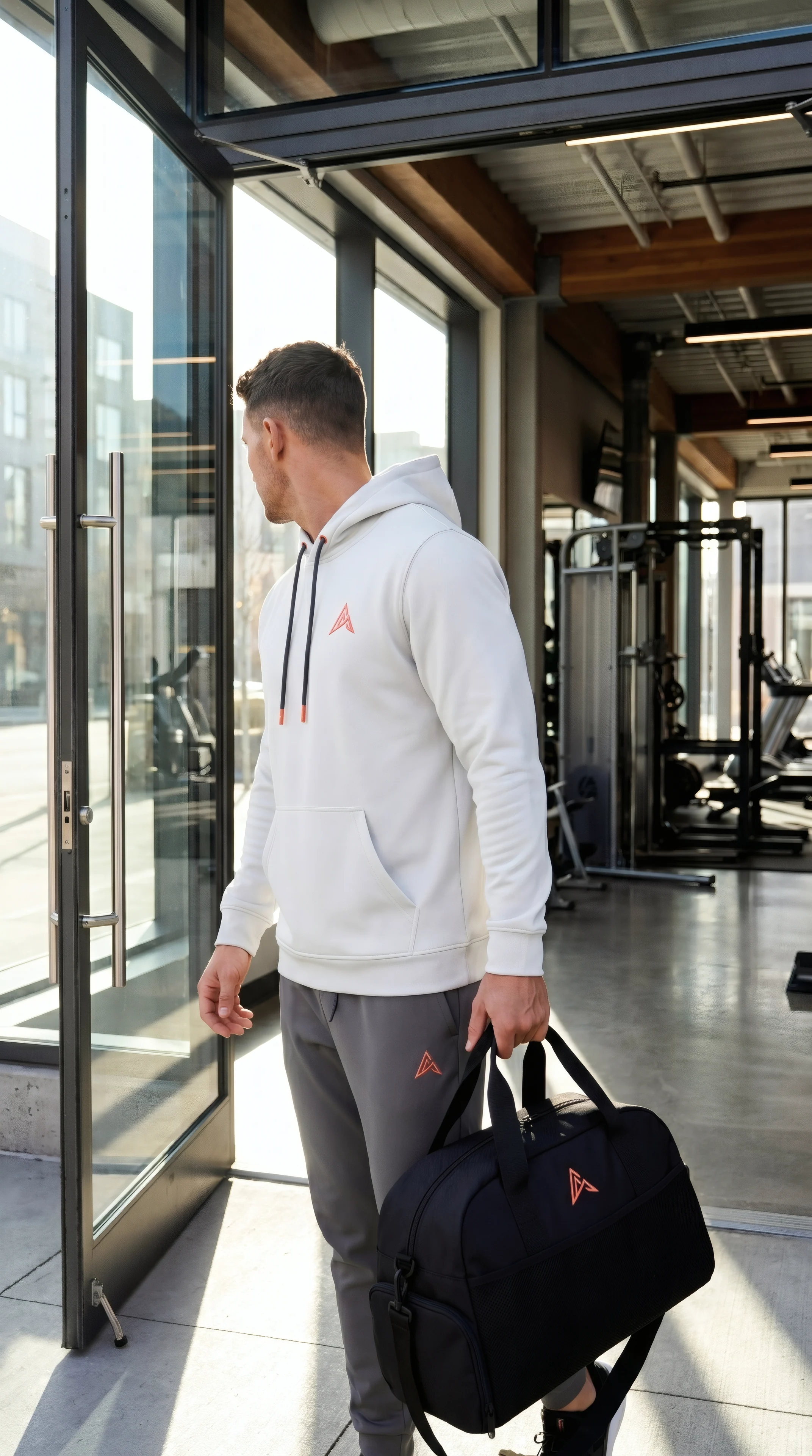 Man in an Apex Form hoodie leaving a gym with a holdall