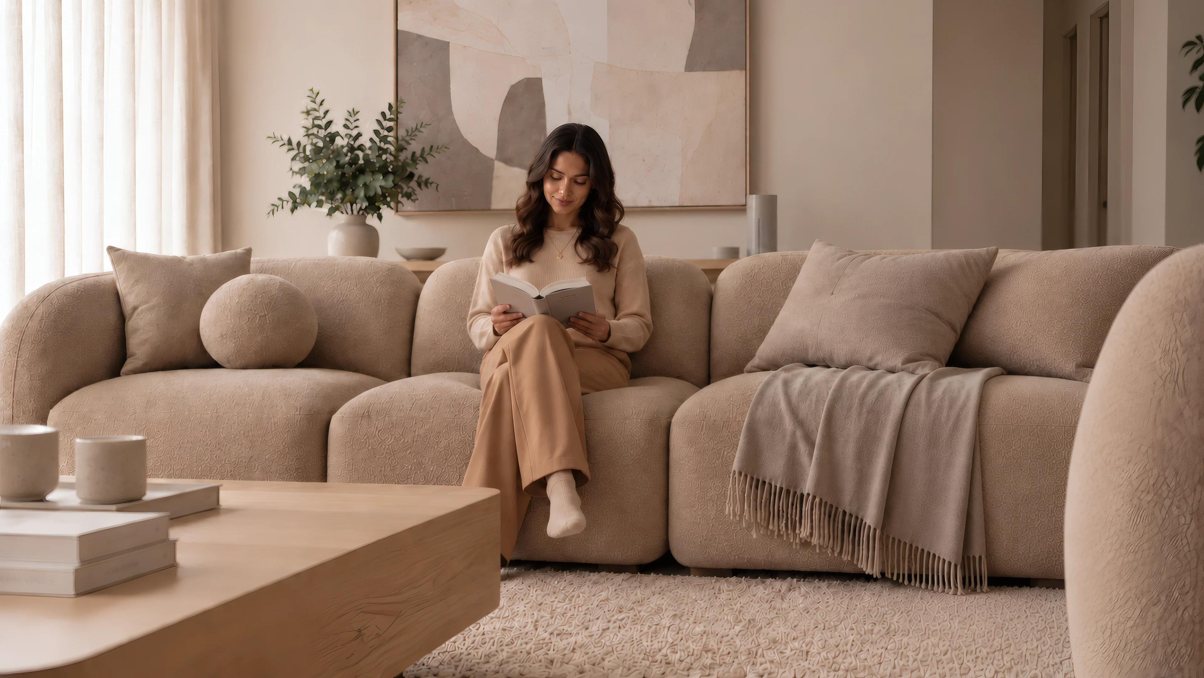 A woman reading on a cream modular sofa