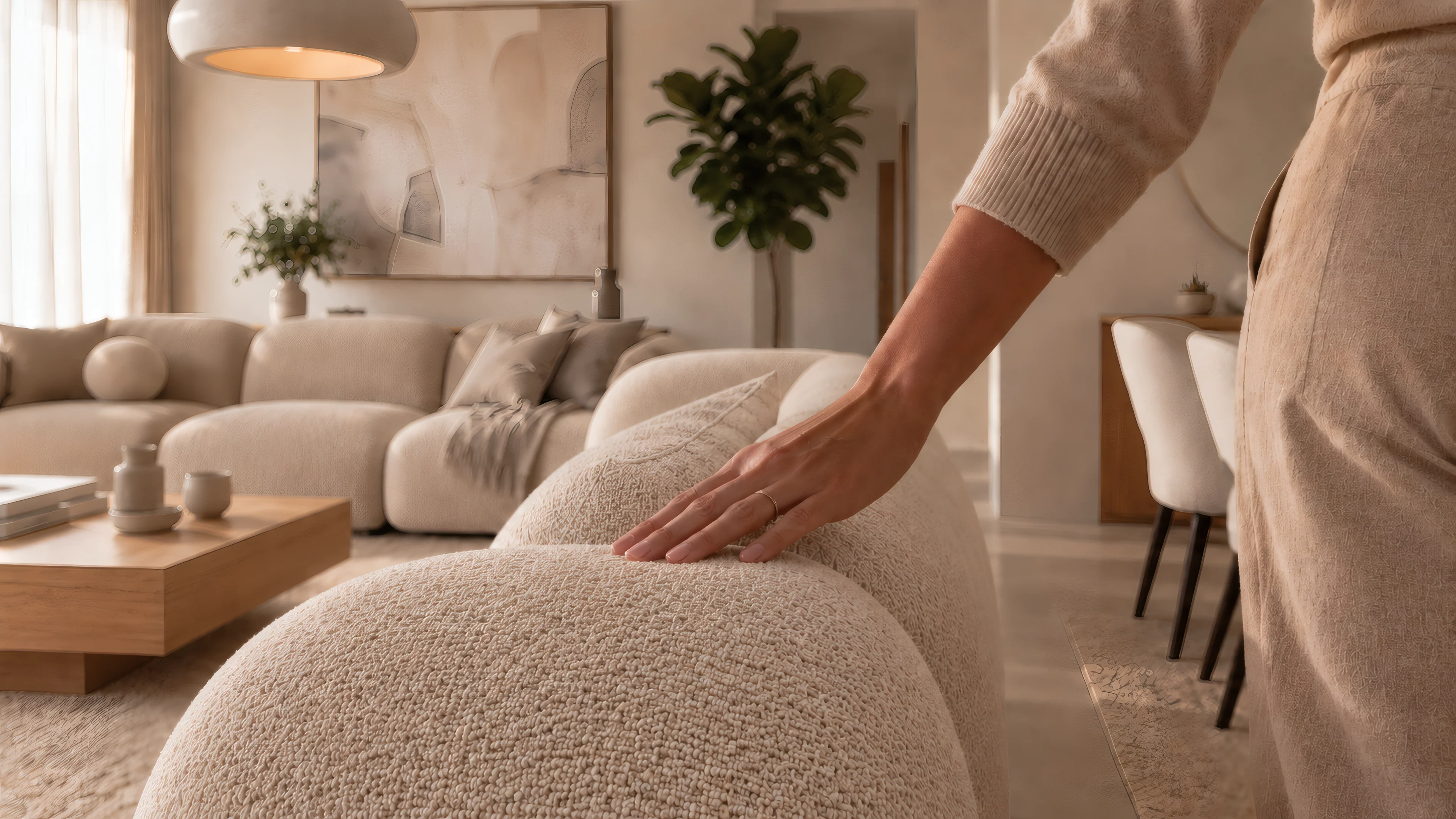 A hand resting on the back of a bouclé armchair