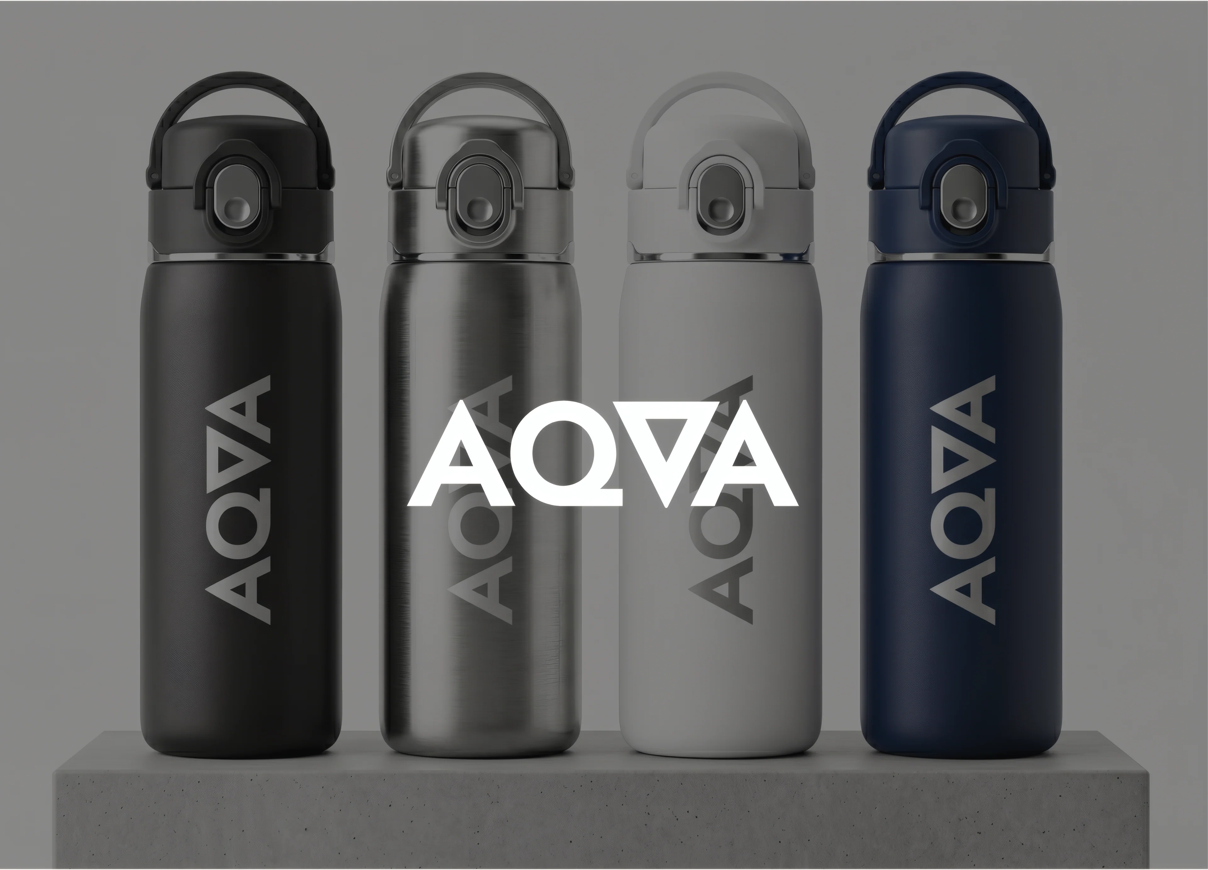 Four AQVA steel bottles in black, grey, white and navy under the AQVA wordmark