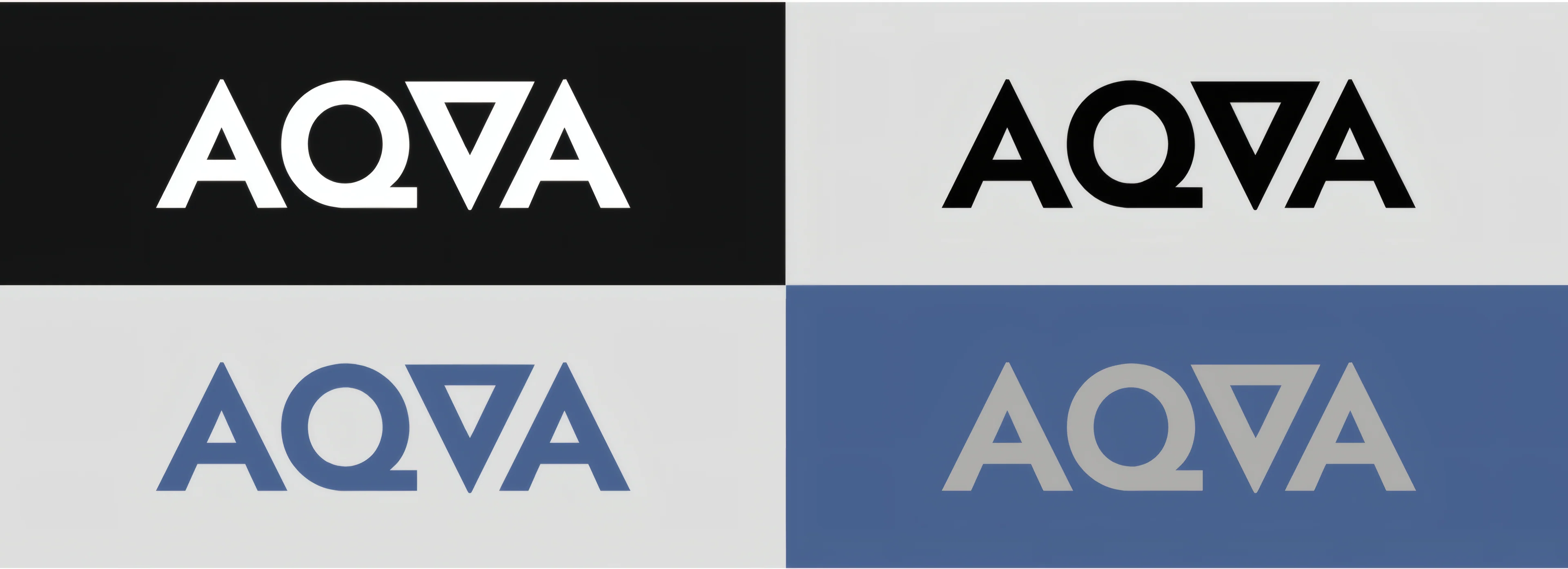 AQVA wordmark on black, white, grey and blue