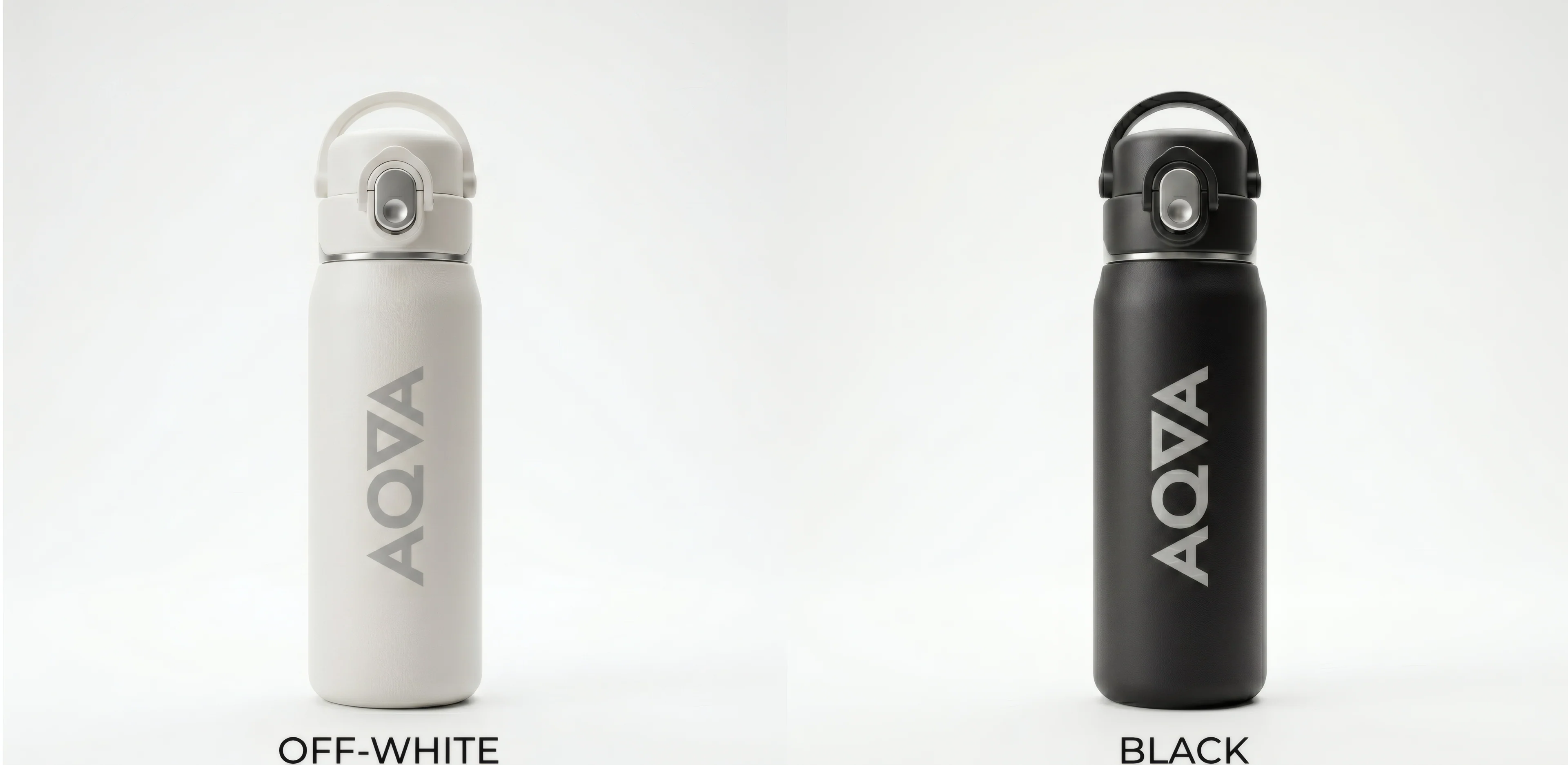 Off-white and black AQVA bottles