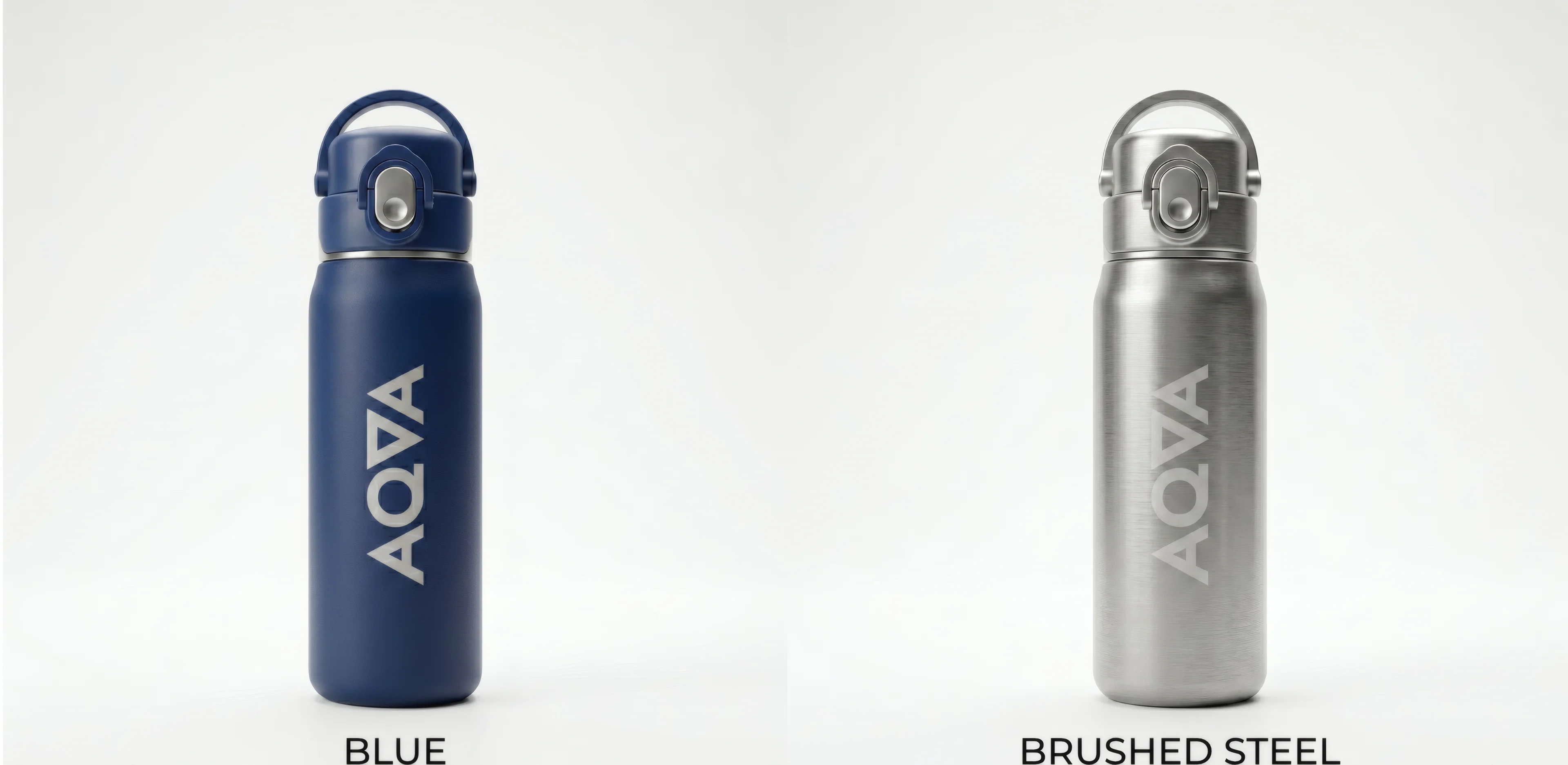 Blue and brushed-steel AQVA bottles
