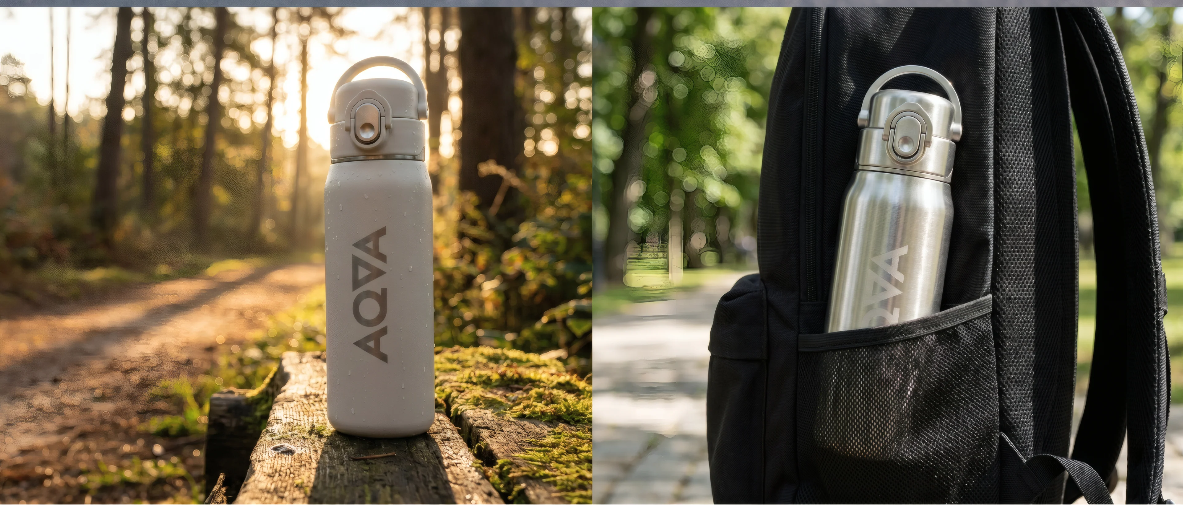 AQVA bottles in a forest at sunrise and in a backpack pocket