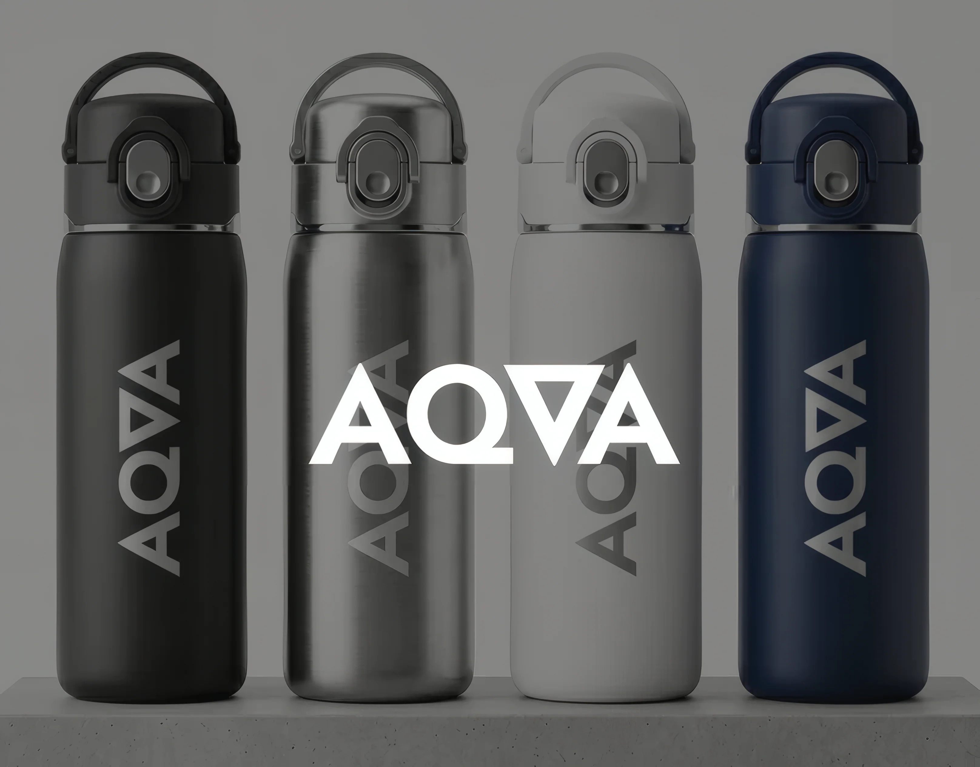Four AQVA steel bottles in black, grey, white and navy under the AQVA wordmark