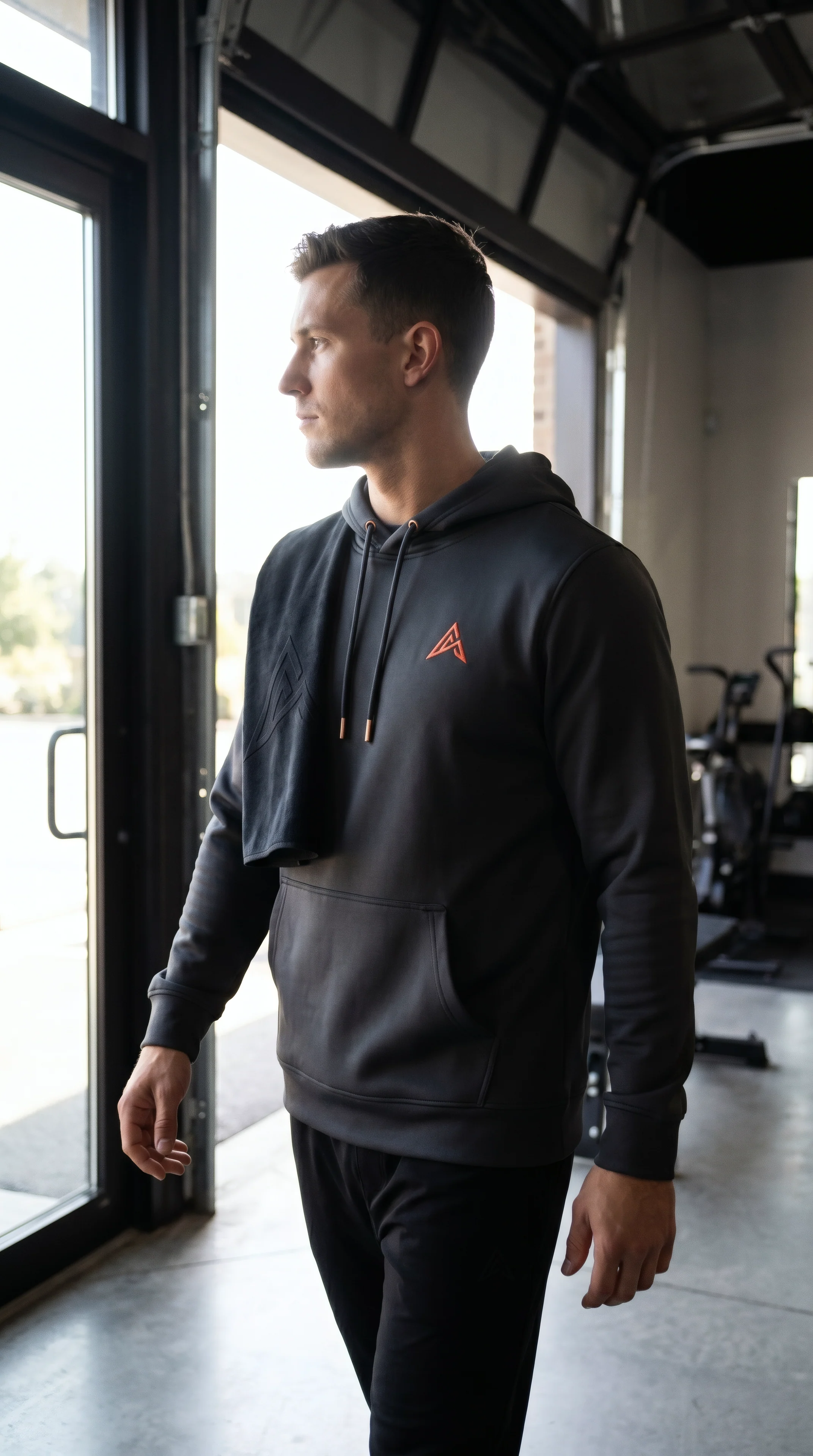 Man in black Apex Form training wear walking through a gym