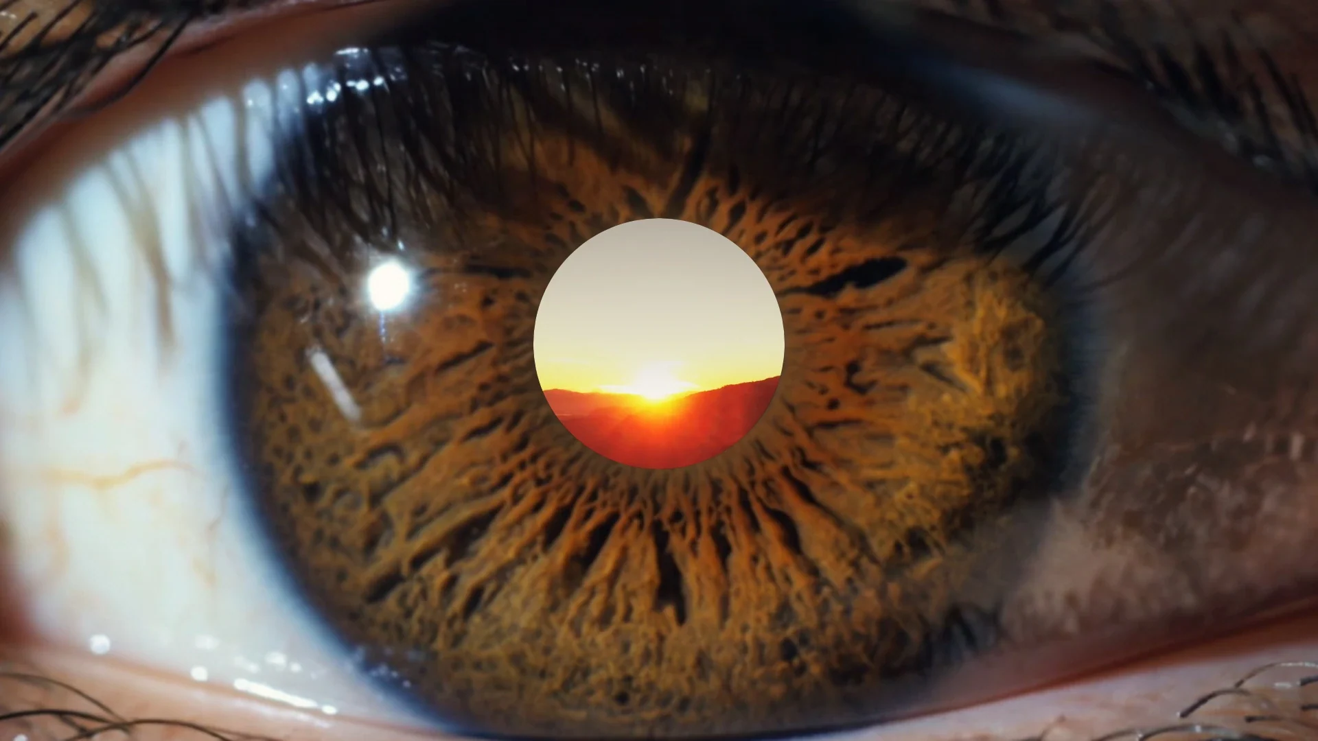 A human eye whose pupil opens onto a sunrise over a lake
